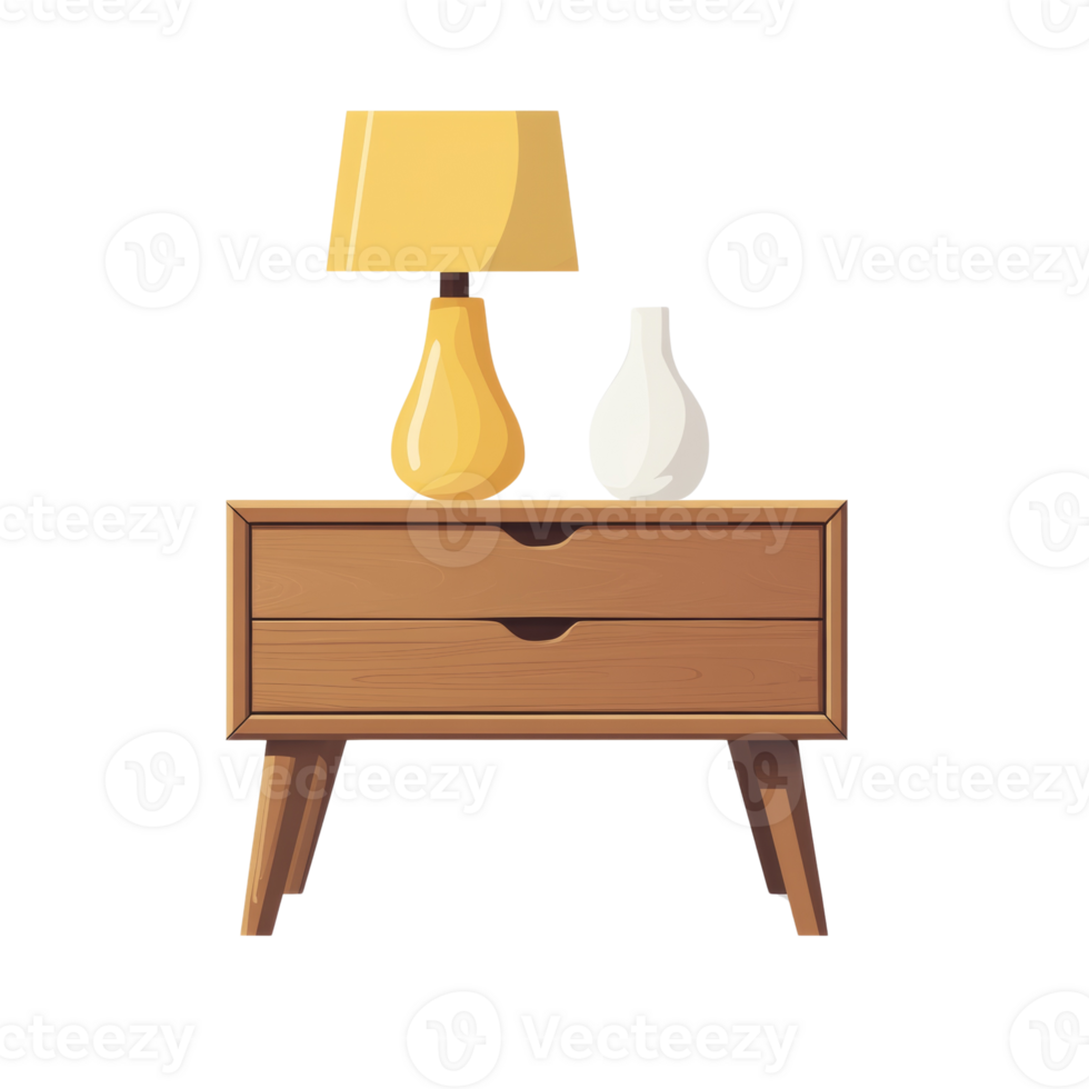 Wooden Nightstand with Lamp and Vase Decor png