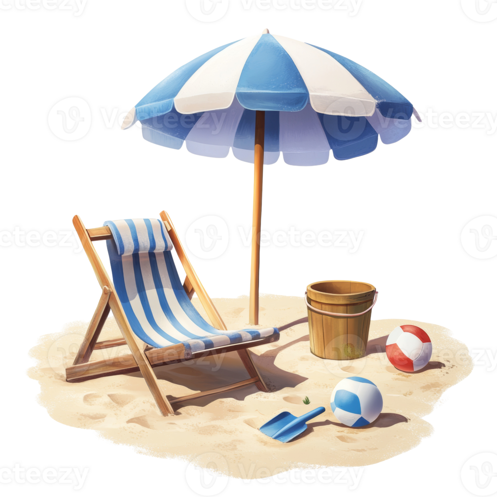 Beach Scene with Deck Chair Umbrella and Beach Balls png