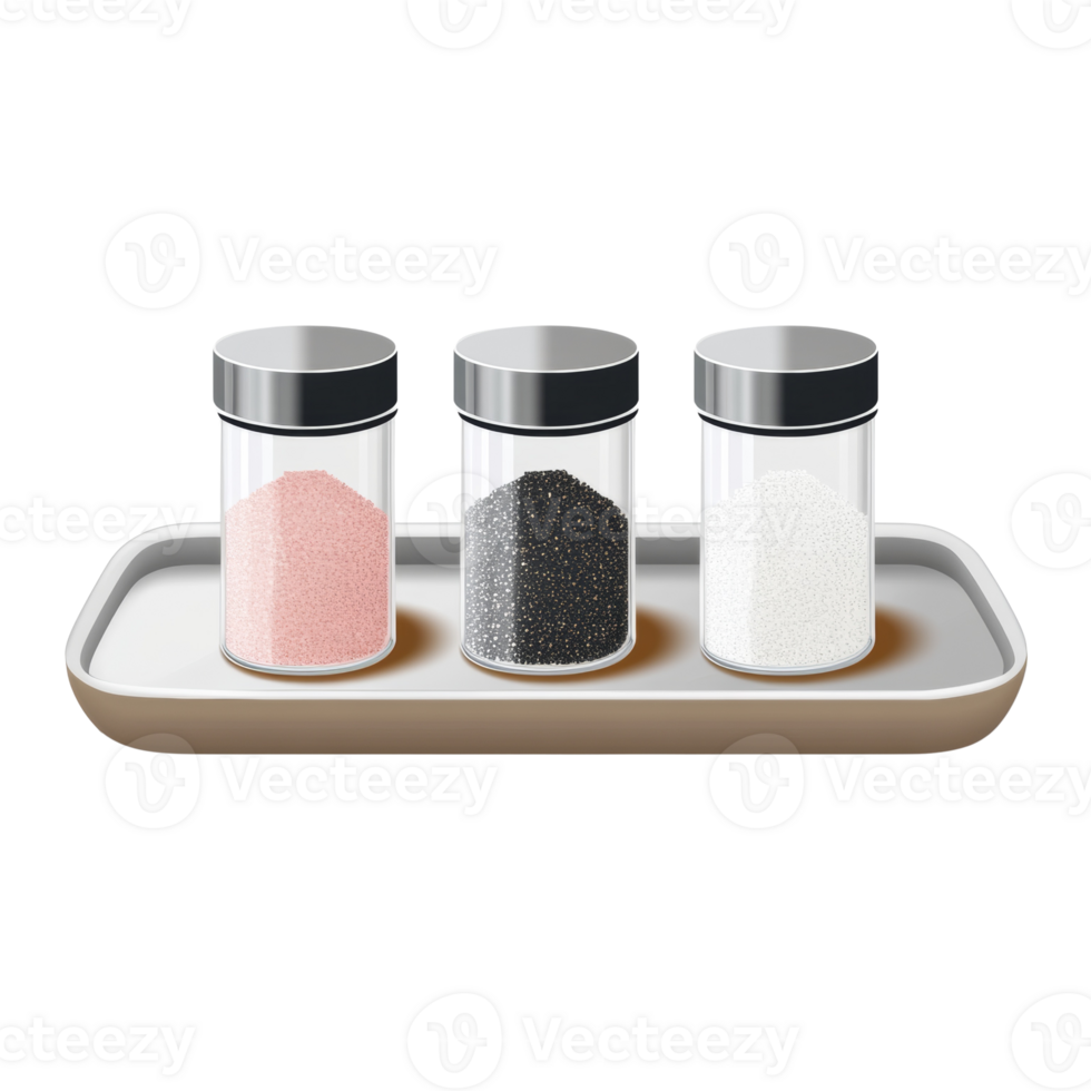 Three Glass Spice Jars on a Tray Displaying Pink Black and White Spices png