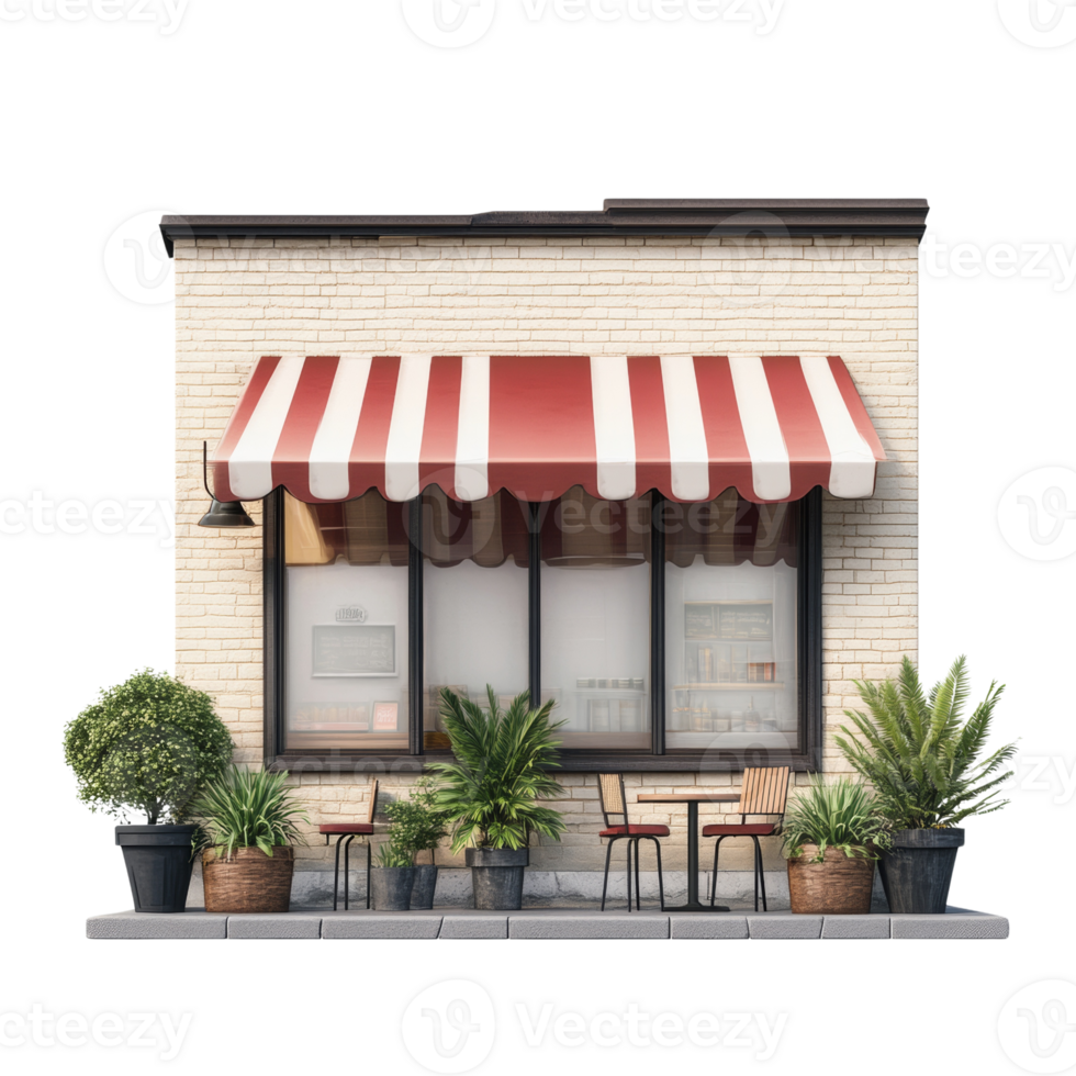 Red Striped Awning Brick Building Small Shop Exterior png