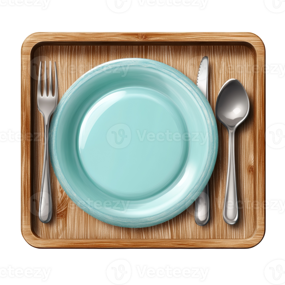 Wooden Tray with Teal Plate and Silverware png