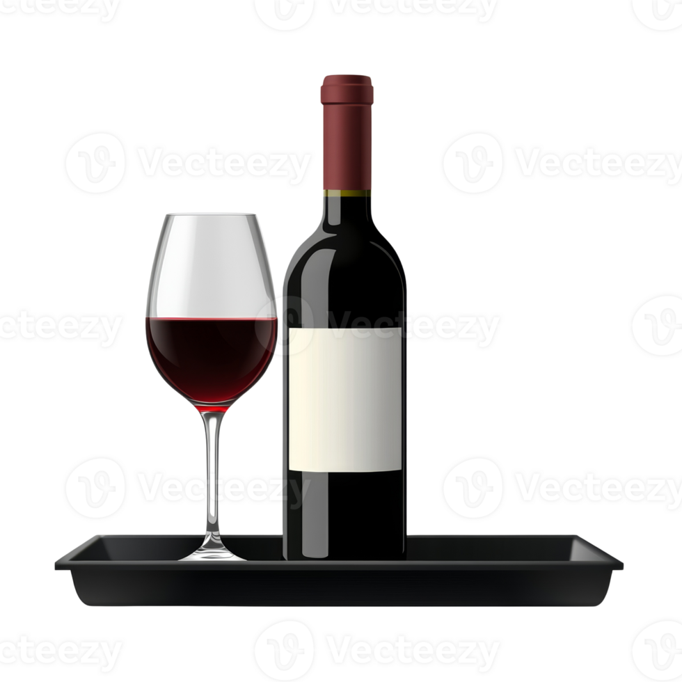 Red Wine Bottle and Glass on a Tray. cut out png
