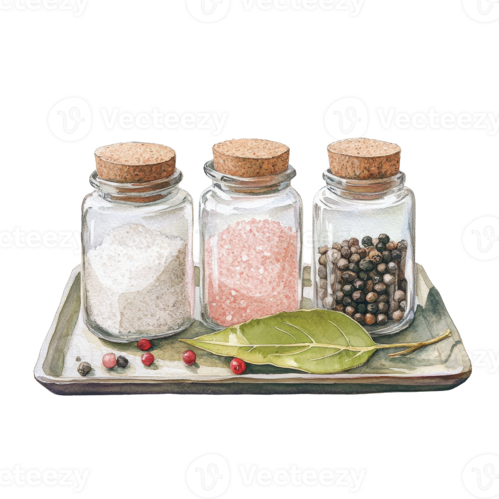 Three Glass Jars of Spices on a Tray. isolated png