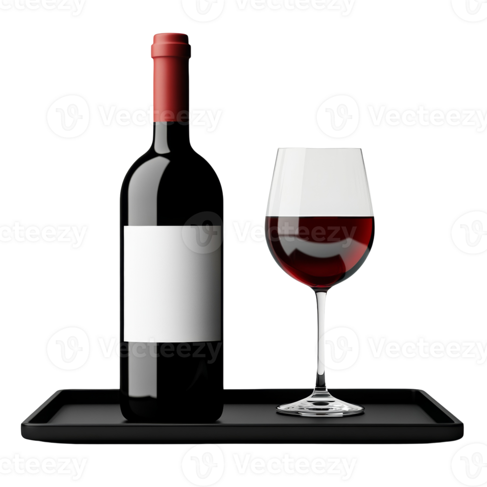 Red Wine Bottle and Glass on a Tray. isolated png