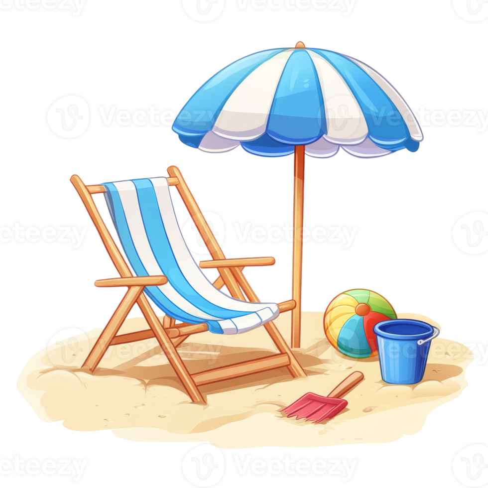 Beach Scene with Chair Umbrella Ball and Toys png