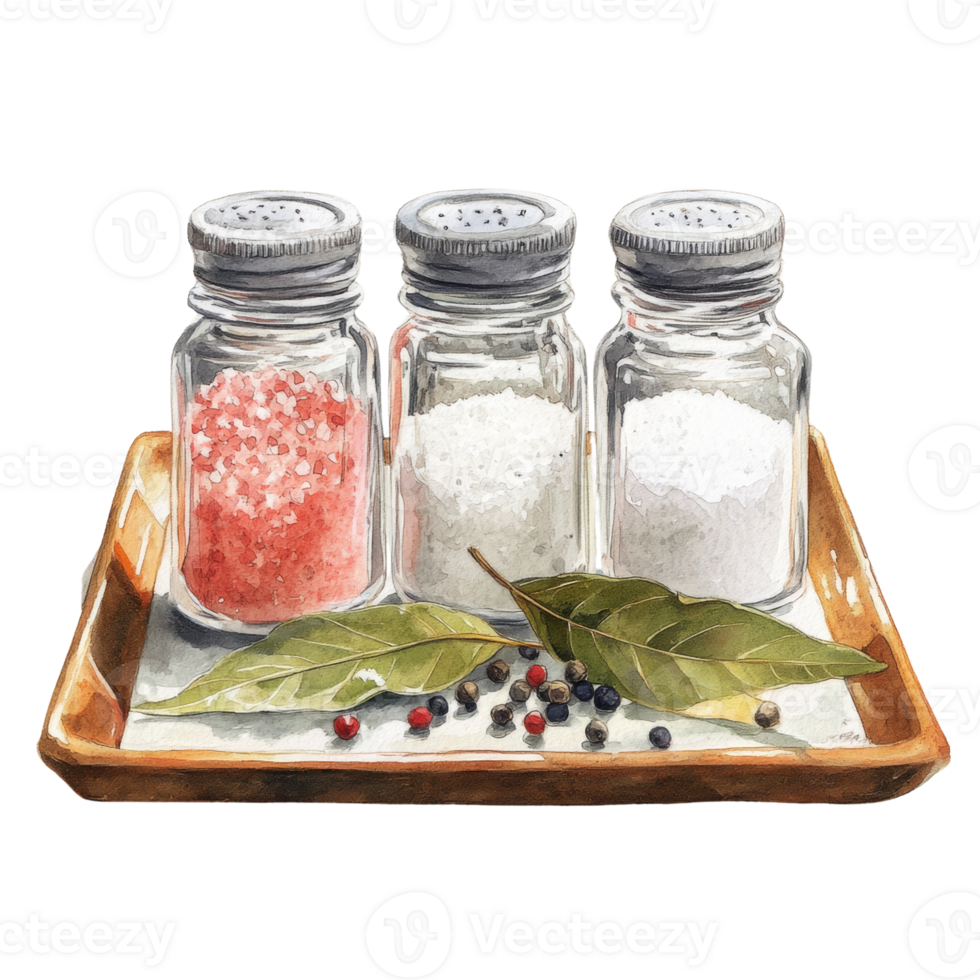 Three Glass Jars of Salt and Peppercorns on Tray png