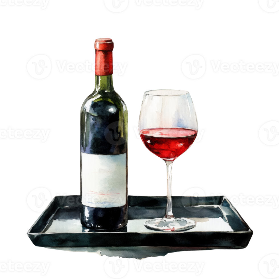 Red Wine Bottle and Glass on Tray png