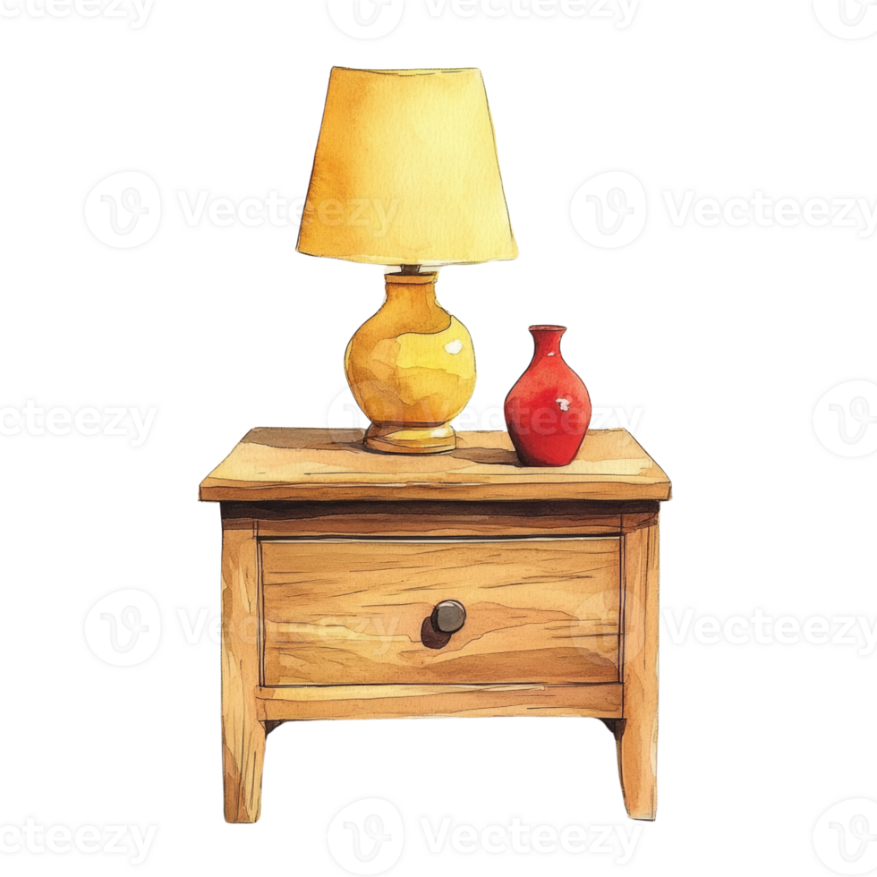 Watercolor illustration of a bedside table with lamp and vase png
