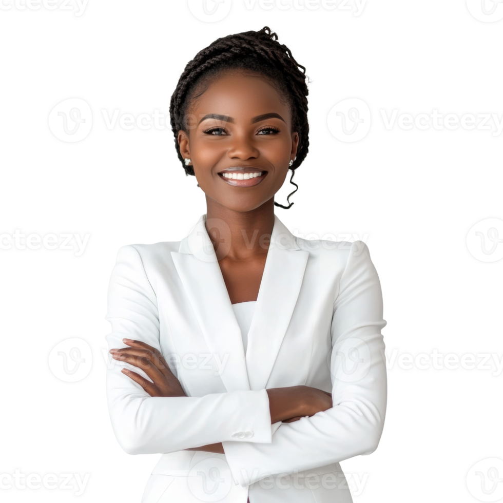 Confident African American woman in white blazer smiling png