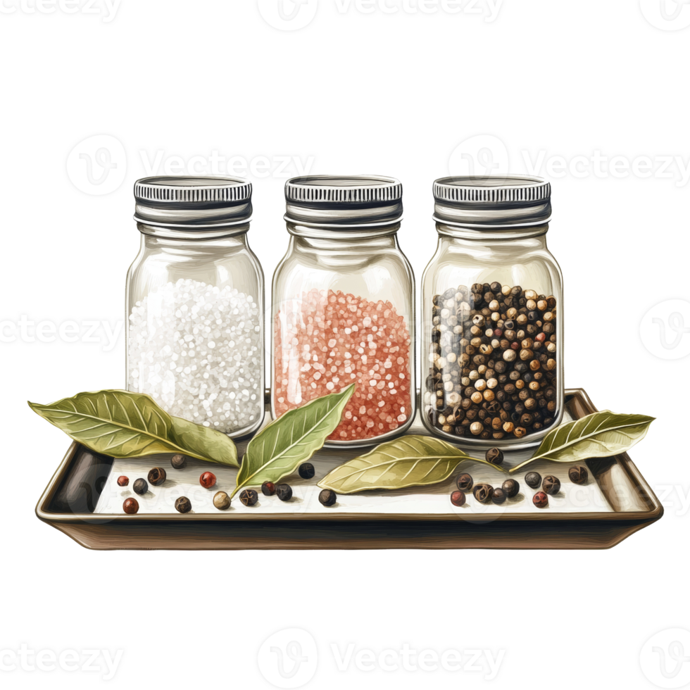 Three Glass Jars of Spices and Salt on a Tray png
