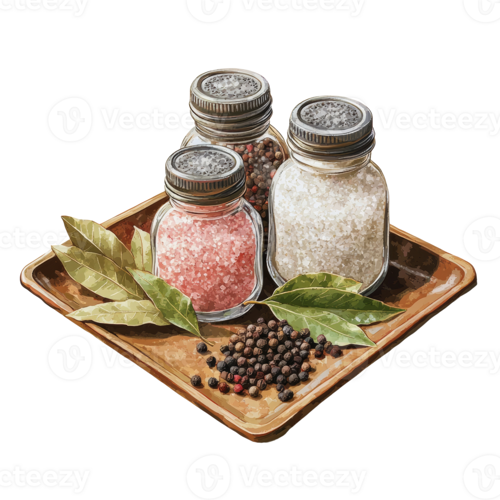 Three Spice Jars Salt Pepper Bay Leaves Wooden Tray png