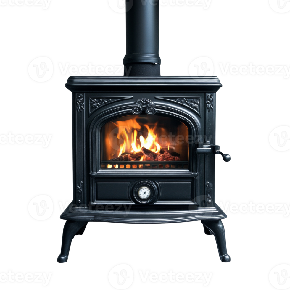 Elegant Black Cast Iron Wood Burning Stove with Flames png