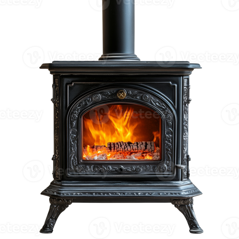 Elegant Black Cast Iron Wood Burning Stove Fireplace png