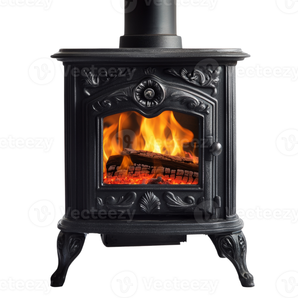 Ornate Black Cast Iron Wood Burning Stove with Flames png