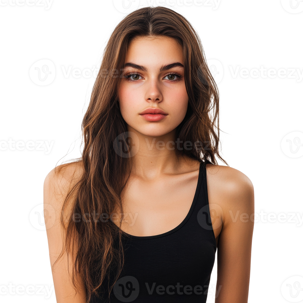 A young woman with long brown hair wearing a black top png