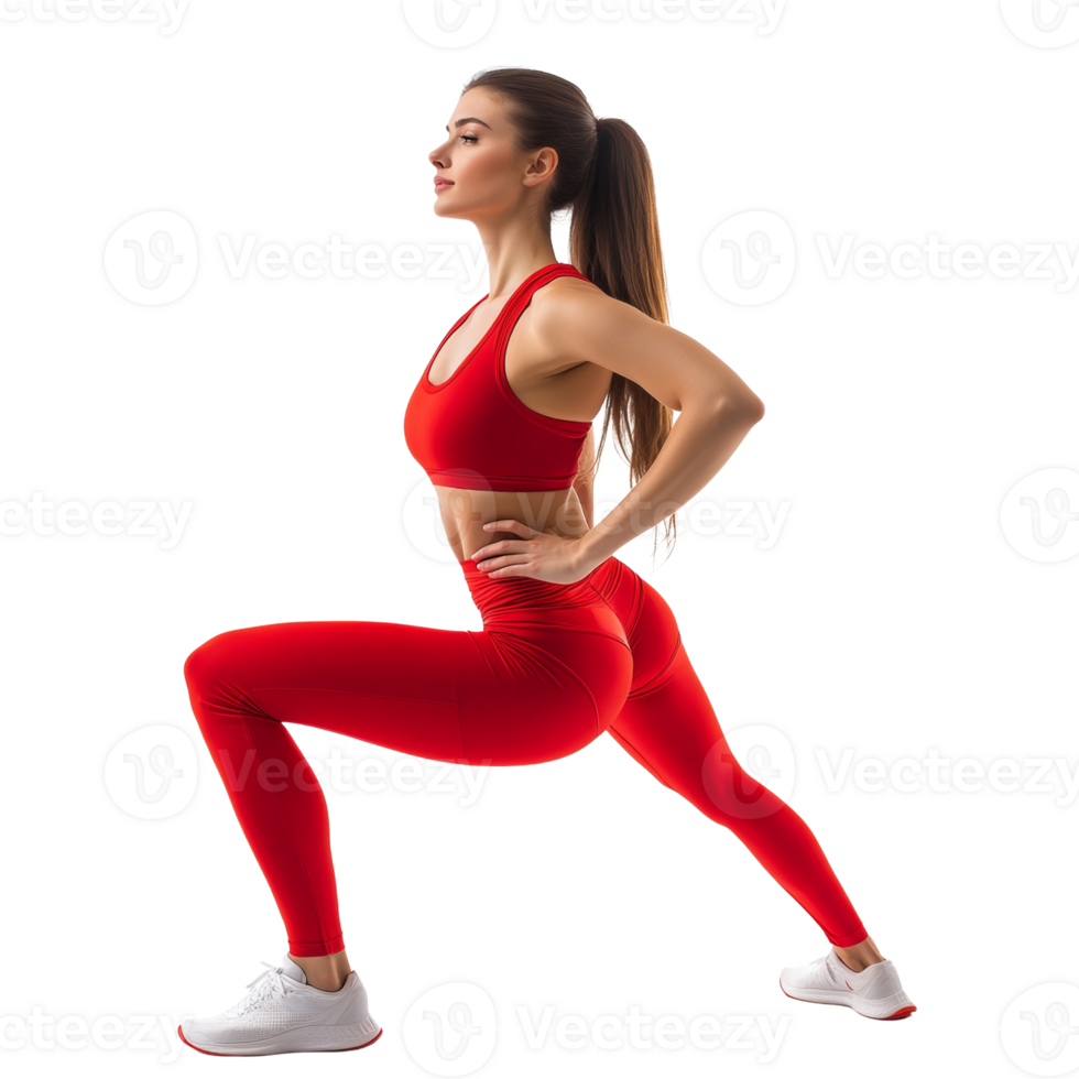 Woman in Red Athletic Wear Performs a Leg Stretch Exercise png