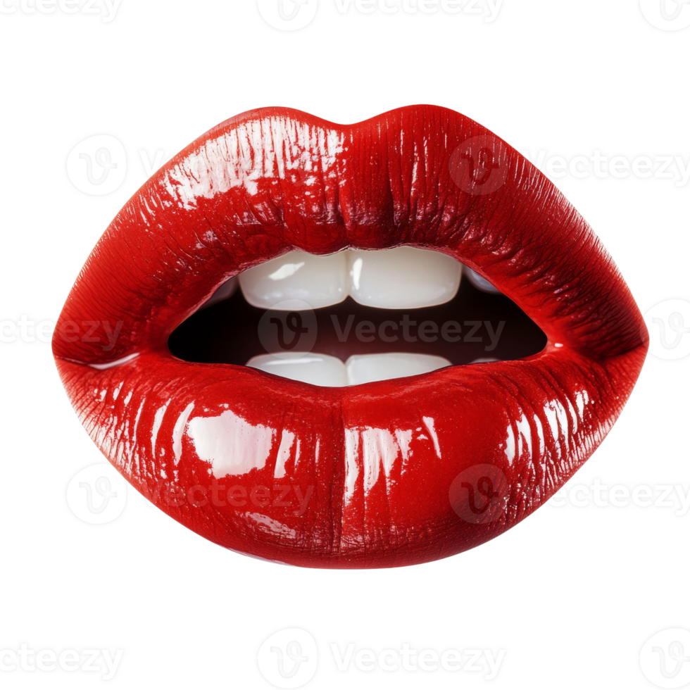 Closeup of Red Lips with Glossy Finish and White Teeth. isolated png
