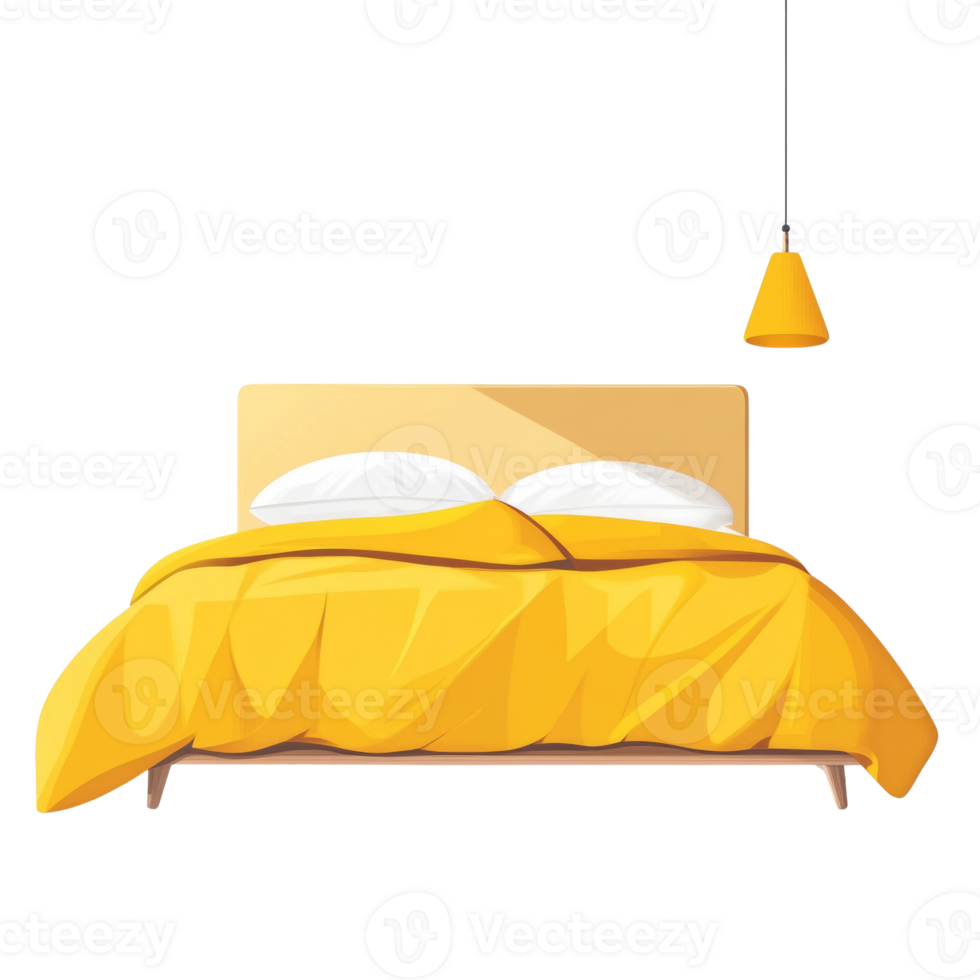 Yellow bed with white pillows and yellow lamp png