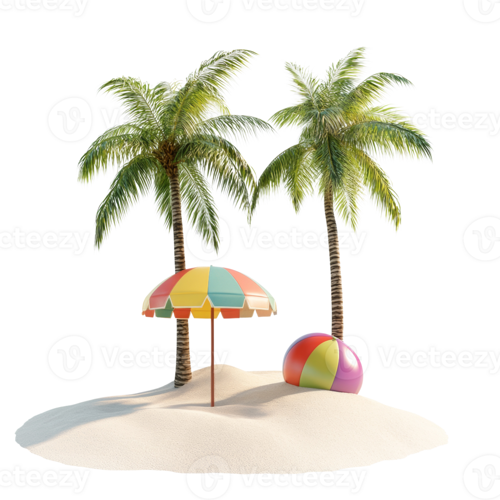 Tropical Island Paradise Scene with Palm Trees Beach Umbrella and Ball png