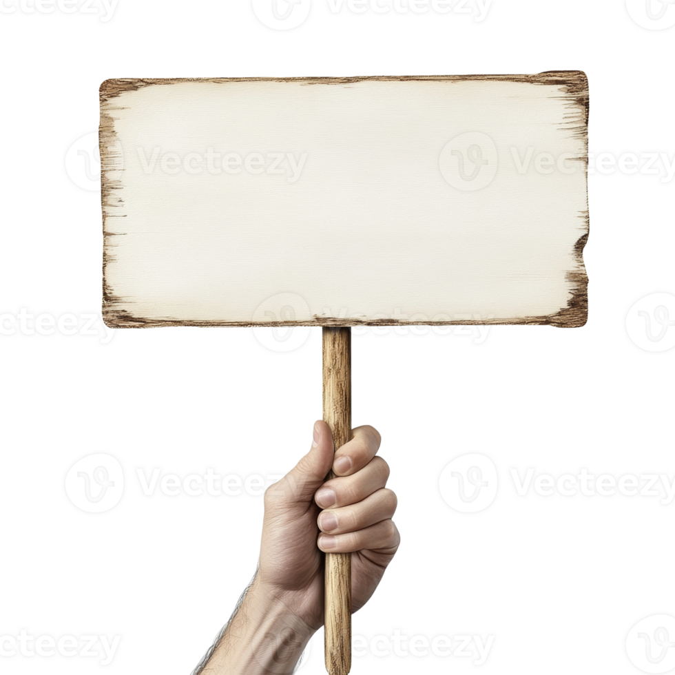 A hand holds a rustic wooden sign blank png