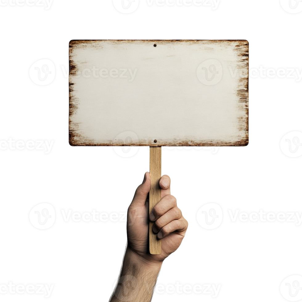 A hand holds a blank rustic wooden sign png