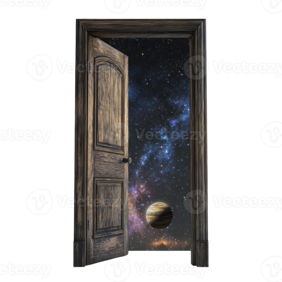 A Wooden Door Opens to Reveal a Starry Cosmos and Planet png