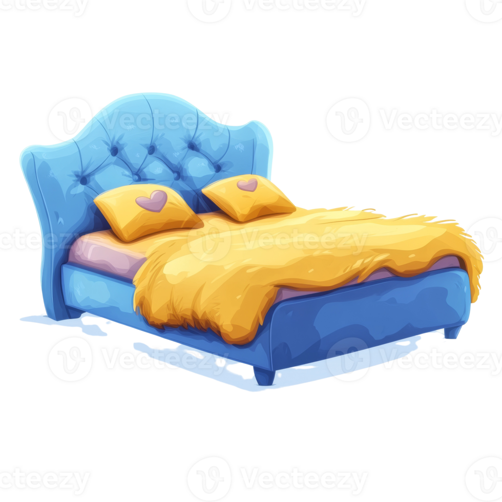 A Blue Bed with Yellow Bedding and Pillows png
