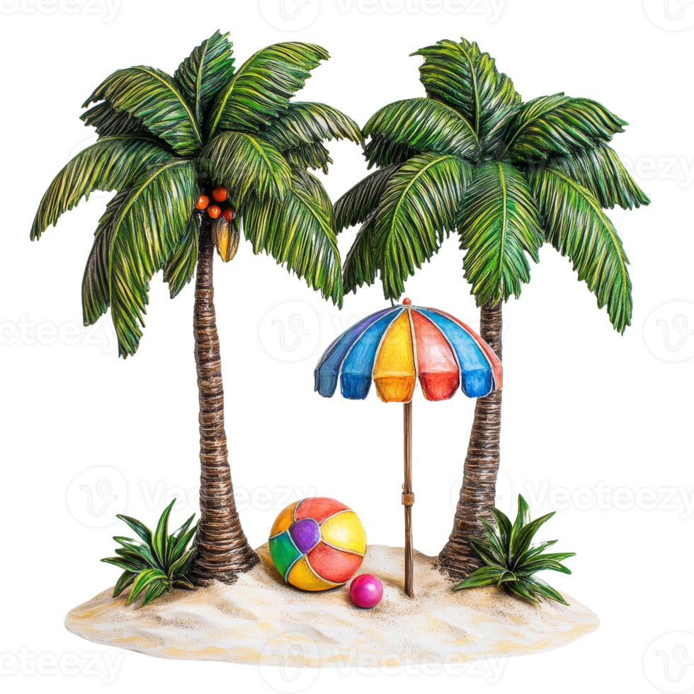 Tropical Paradise Scene With Palm Trees Beach Ball And Umbrella png