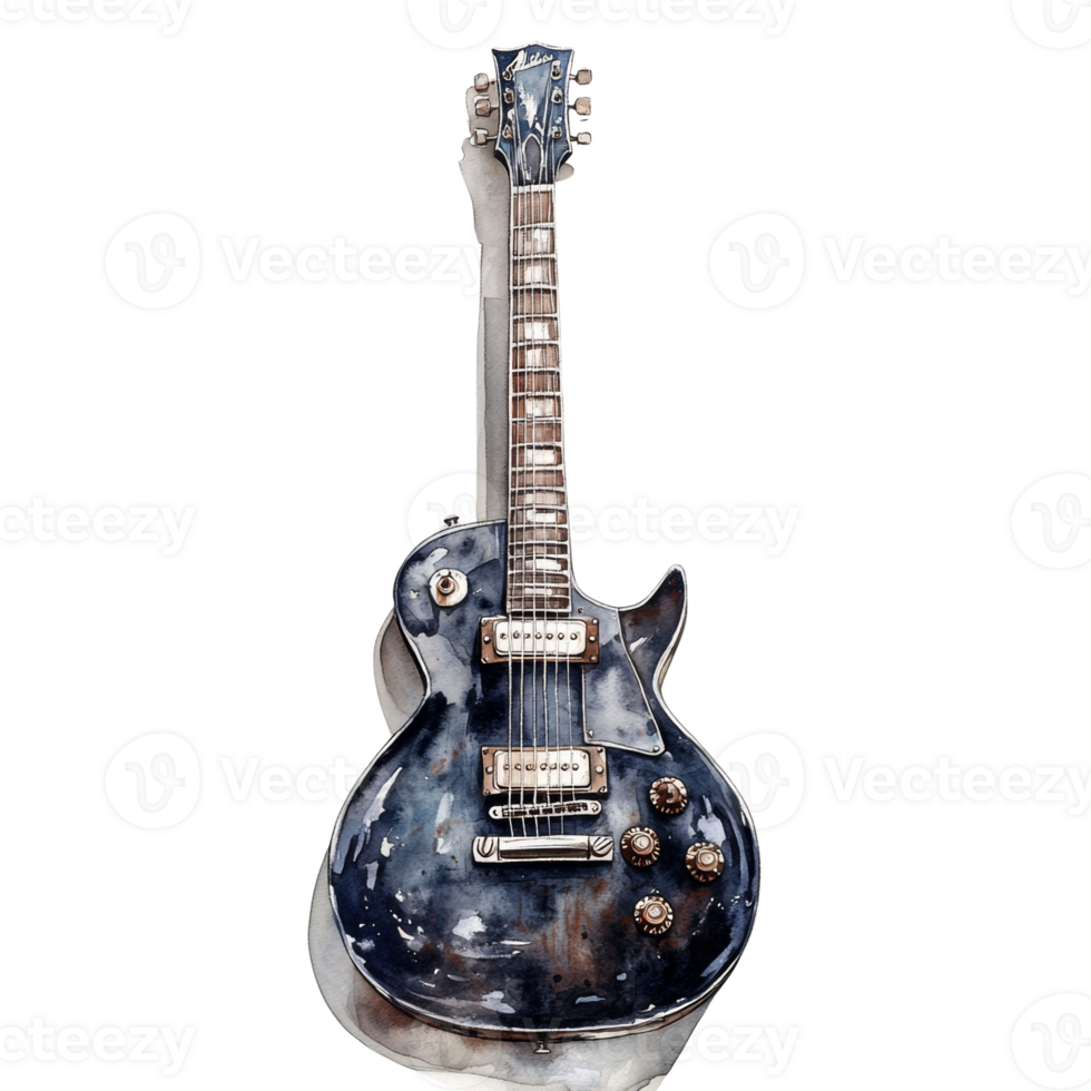 Watercolor Painting of a Dark Blue Electric Guitar png