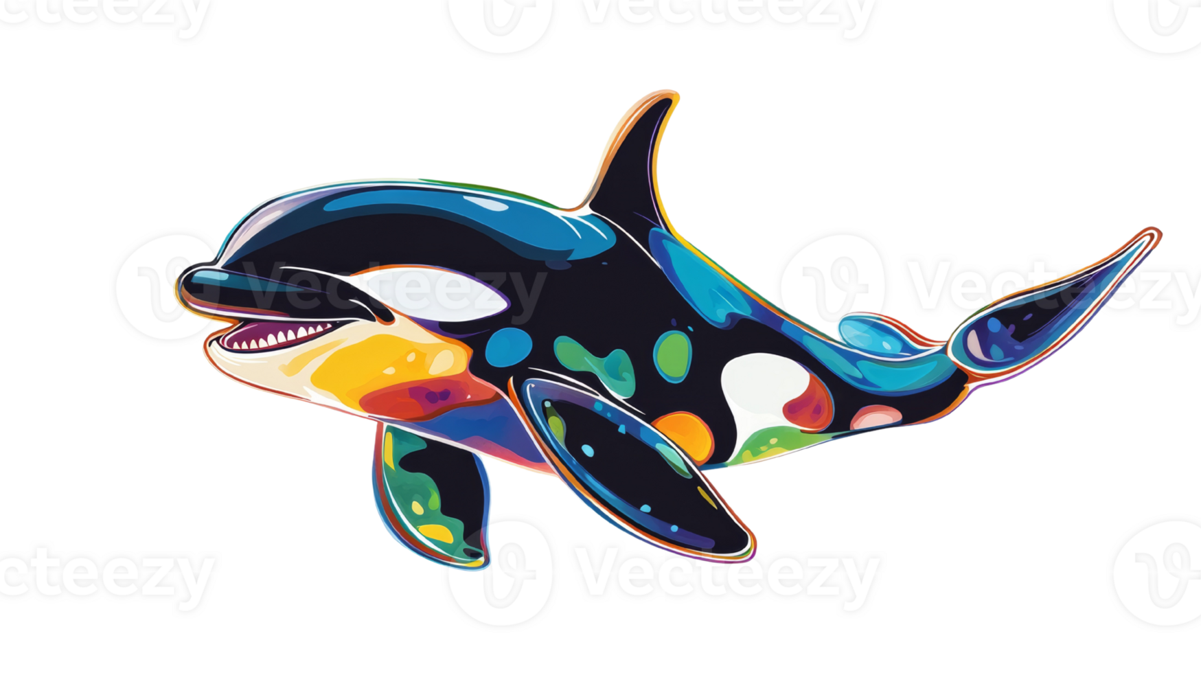 A vibrant colorful orca whale swims playfully png