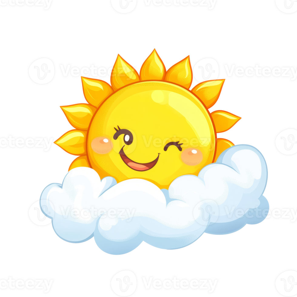 Happy Smiling Sun Resting on a Fluffy Cloud png