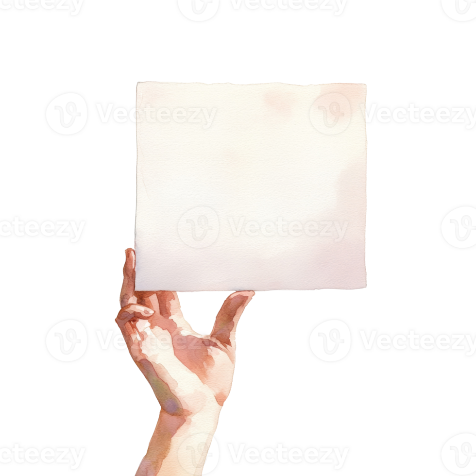 Watercolor painting of a hand holding a blank square sign png