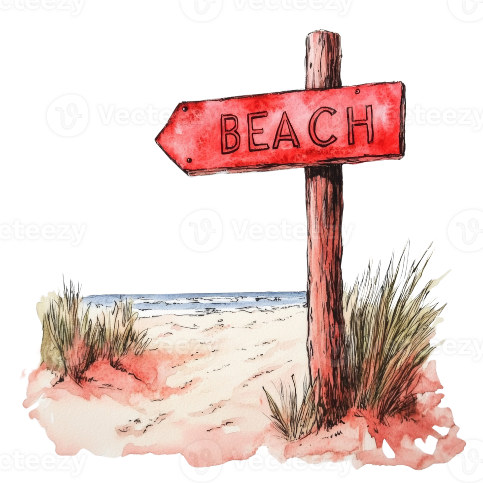 Watercolor painting of a beach signpost near dunes png