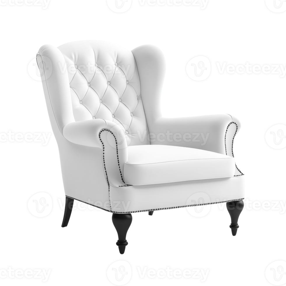 Elegant White Leather Wingback Armchair with Dark Wood Legs png