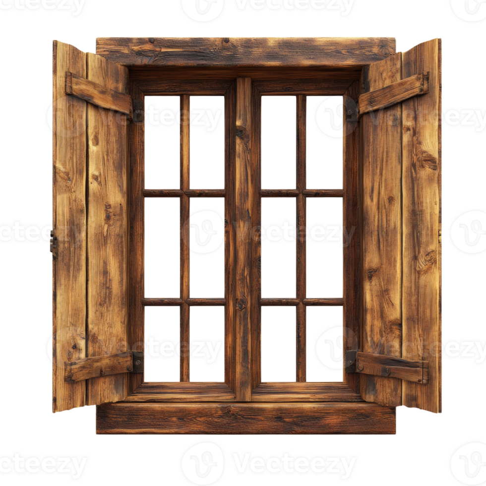 Rustic Wooden Window With Open Shutters png