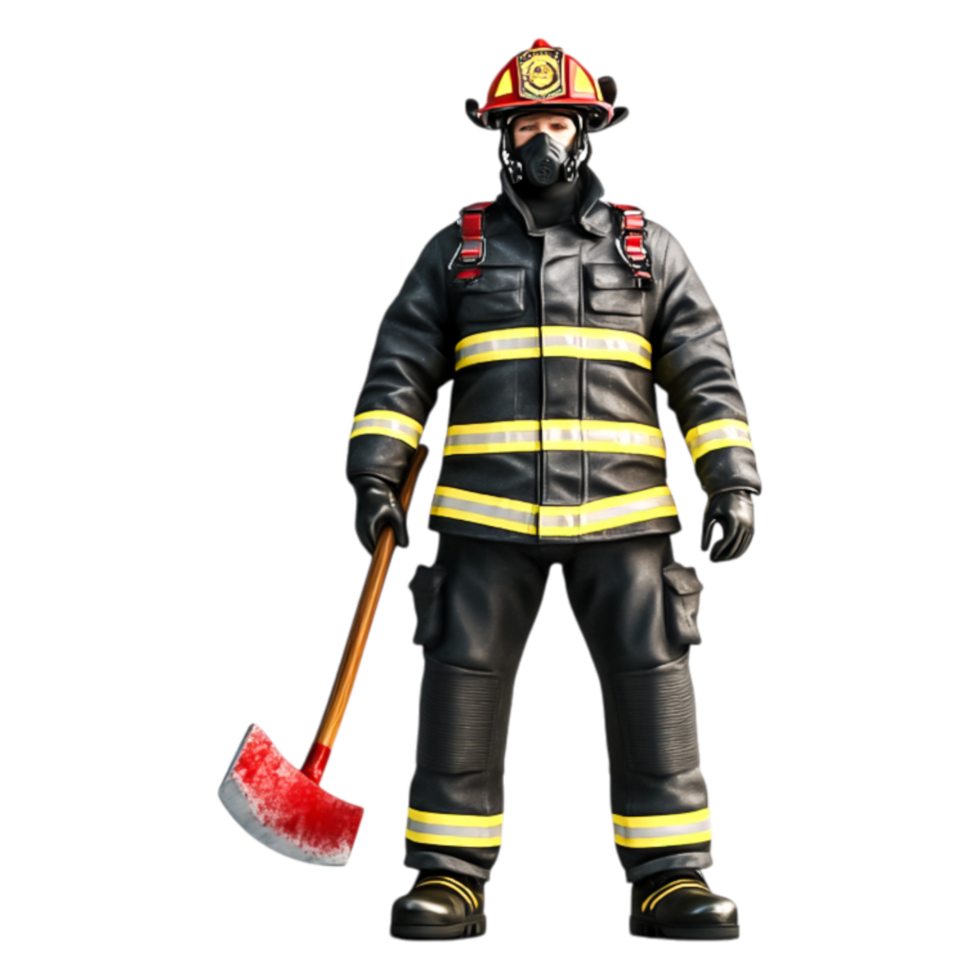 Brave firefighter with a axe wearing protective gear and mask png
