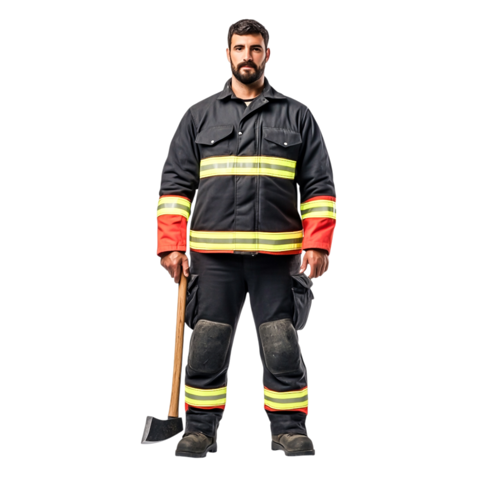 Confident Firefighter in Uniform Holding Axe Ready for Action png