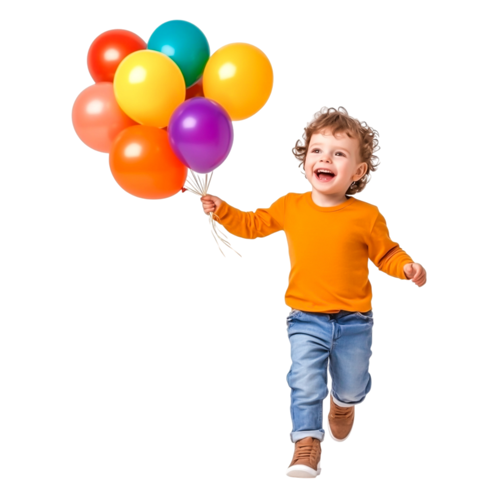 Happy Child with Colorful Balloons in Bright Orange Sweater png