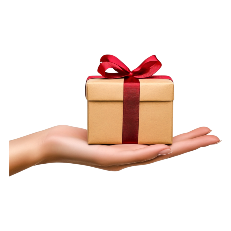 Hand Holding Brown Gift Box with Red Ribbon on Isolated png