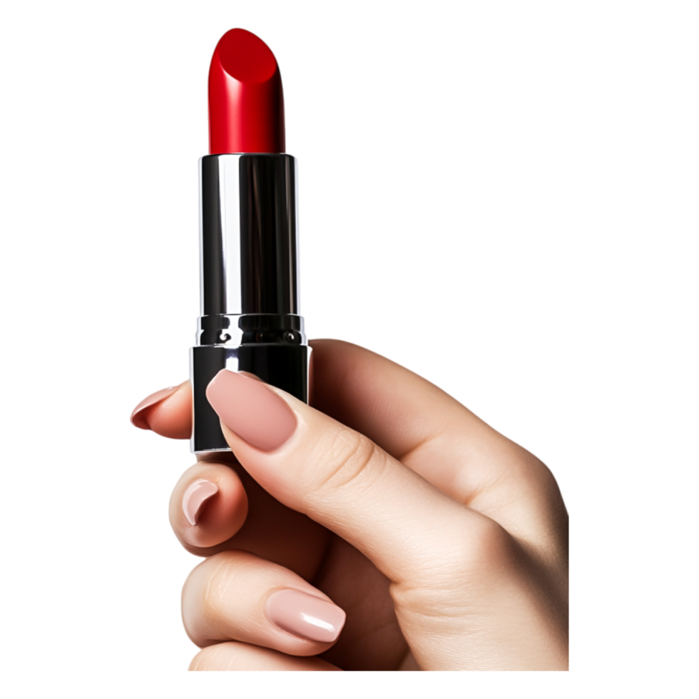 Close-Up of Hand Holding Red Lipstick with Neutral Nails png
