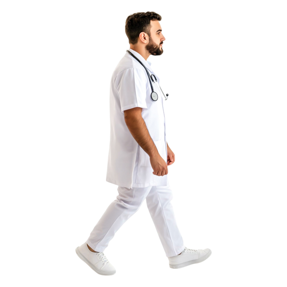 Confident Male Doctor Walking in Medical Scrubs with Stethoscope png
