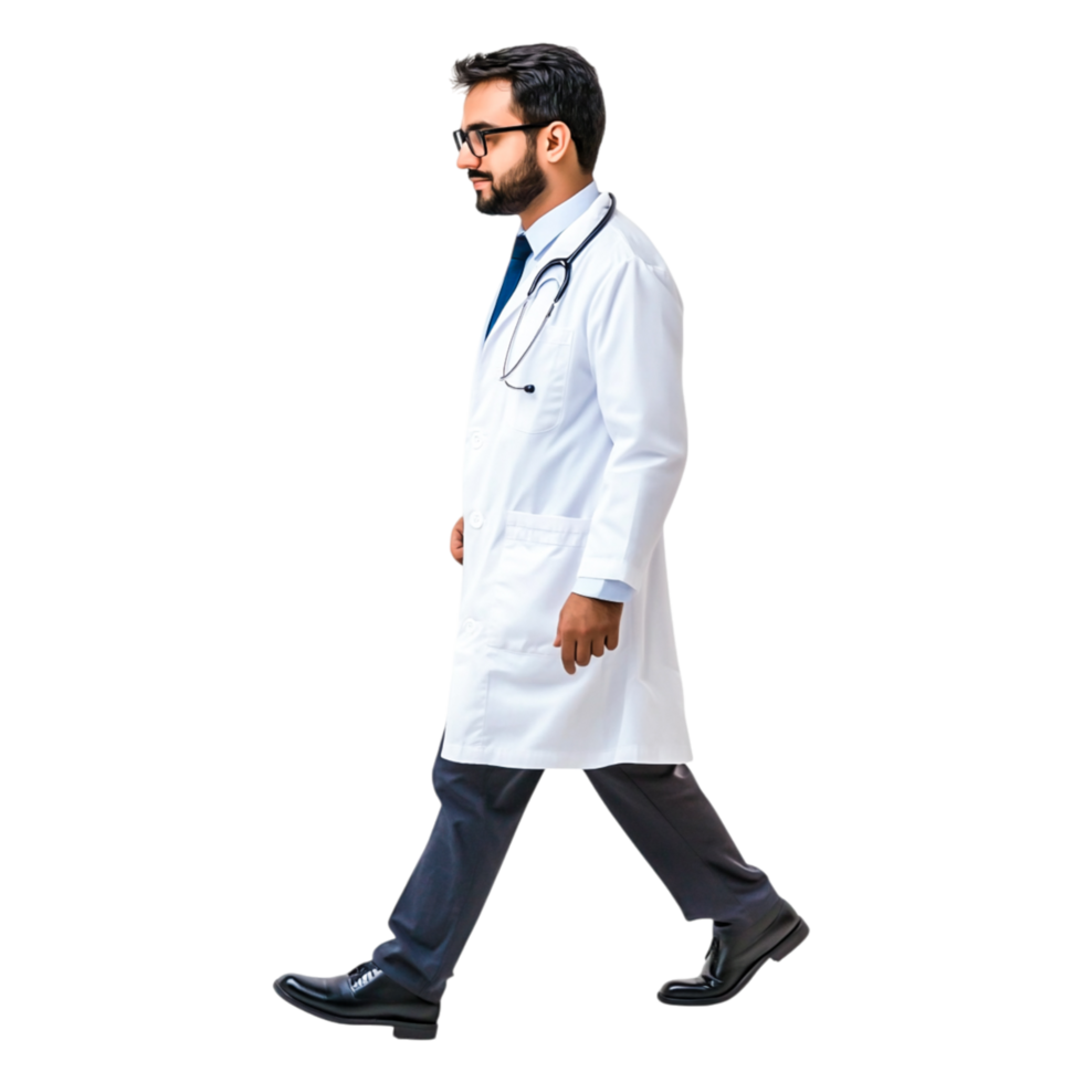 Male Doctor Walking in Professional Attire with Stethoscope png