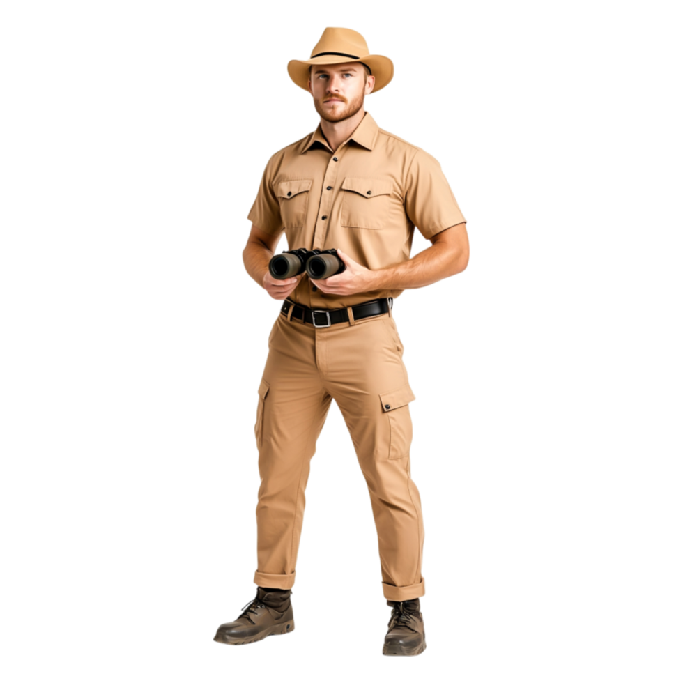 Male Explorer in Brown Outfit with Binoculars on Isolated png