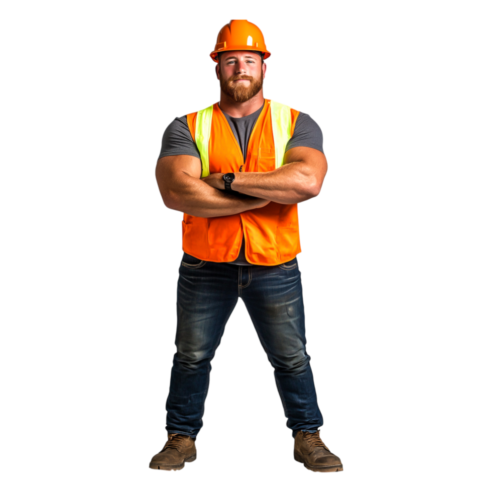 Confident Construction Worker in Safety Gear with Crossed Arms png