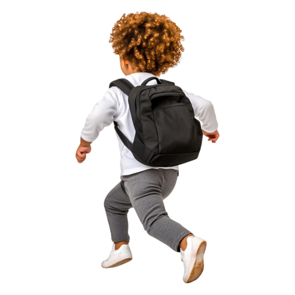 Young child running with backpack in urban outdoor environment png