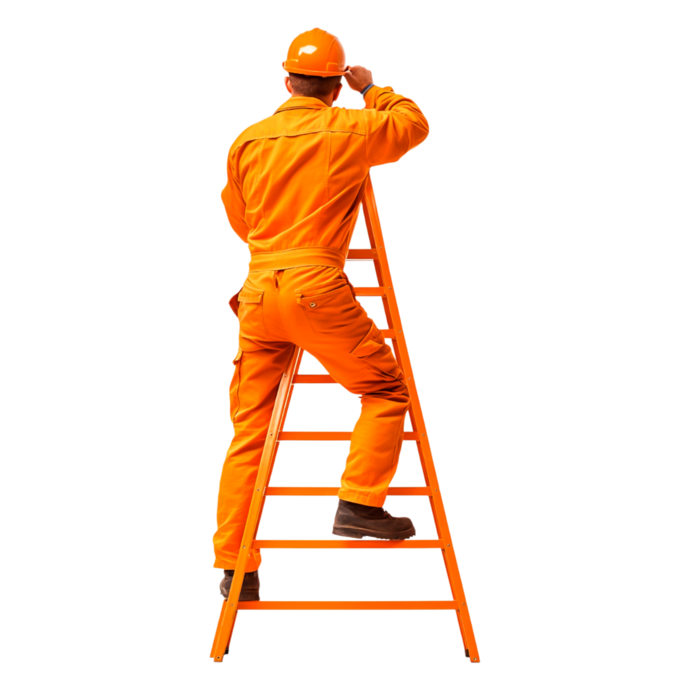 Worker in Orange Overalls Climbing a Ladder for Construction Work png