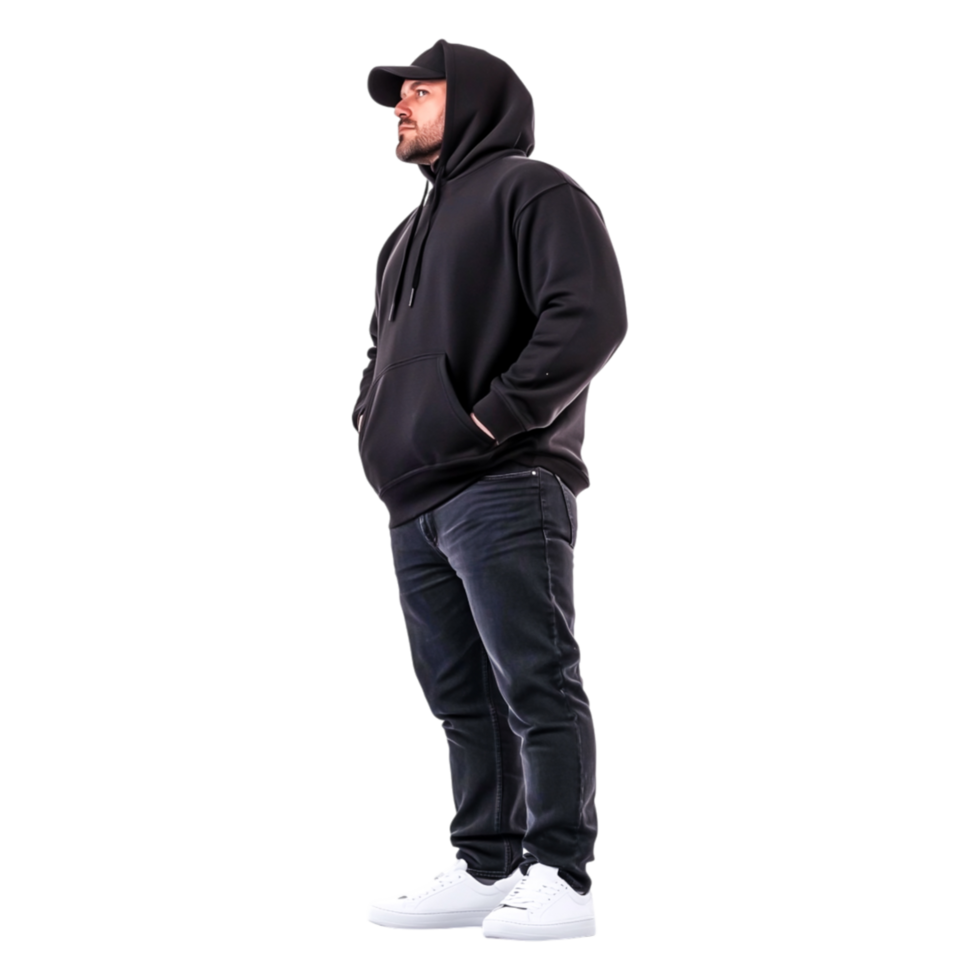 Stylish man in black hoodie and jeans posing confidently on png