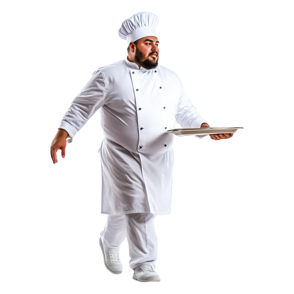 Chef in White Uniform Carrying Tray with Culinary Delight in Kitchen png