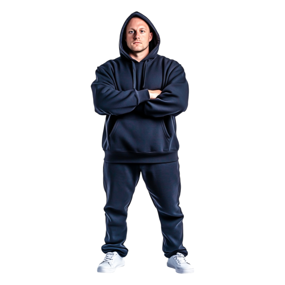 Athletic man in dark hoodie and sweatpants posing confidently png