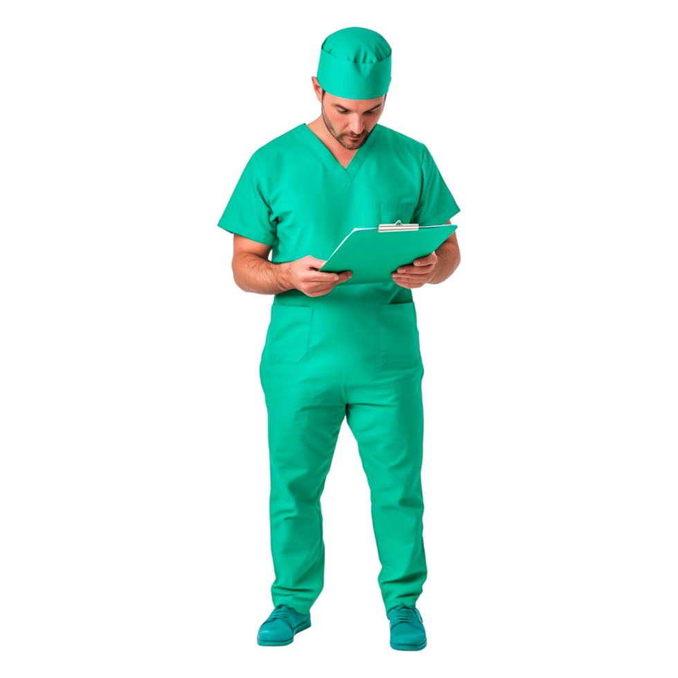 Medical Professional in Scrubs Reviewing Notes with Focused Expression png